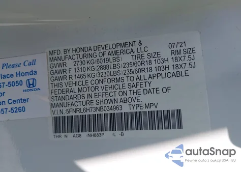 2022 Honda Odyssey Ex-L z USA, uszkodzony, nr VIN 5FNRL6H73NB034963